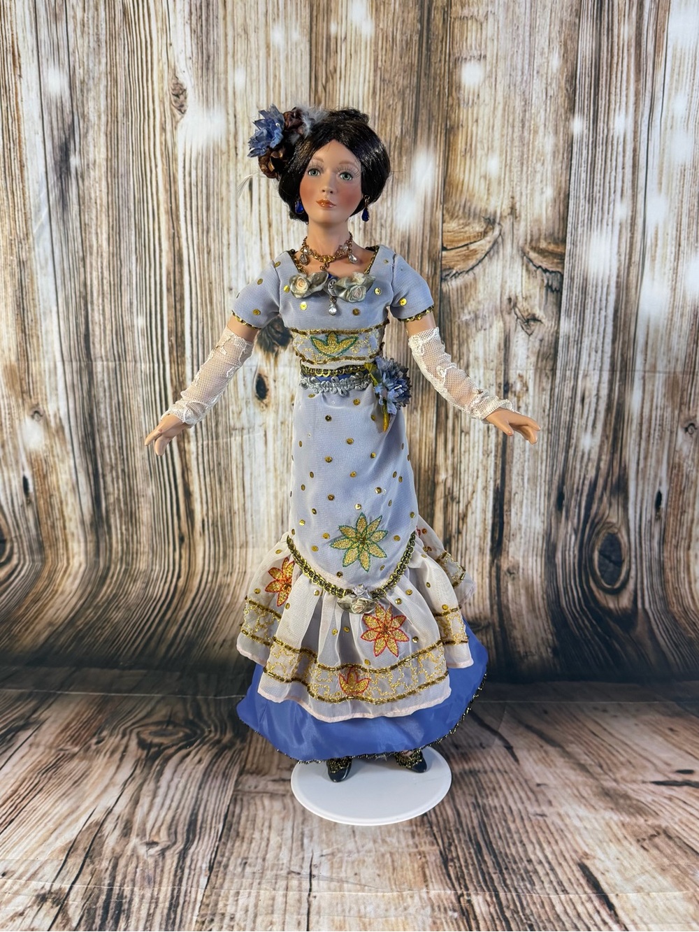 Vintage 1999 Katrina Lia Porcelain Artist Doll Victorian Blue & Gold Gown 18”